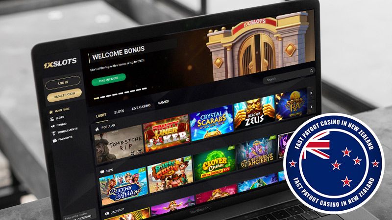 1xSlots Casino main page with New Zealand badge on laptop