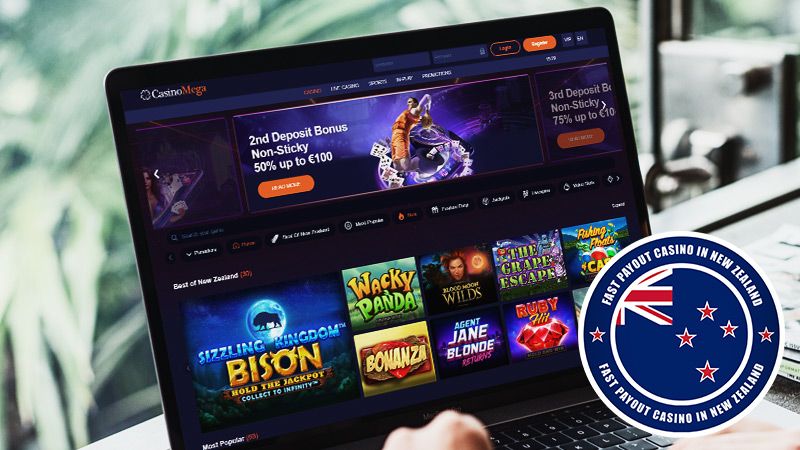 CasinoMega main page with New Zealand badge on laptop