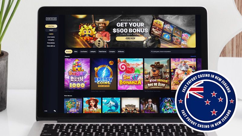 HighRoller Casino main page with New Zealand badge on laptop