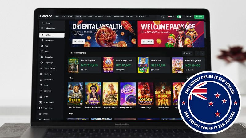Leon Casino main page with New Zealand badge on laptop