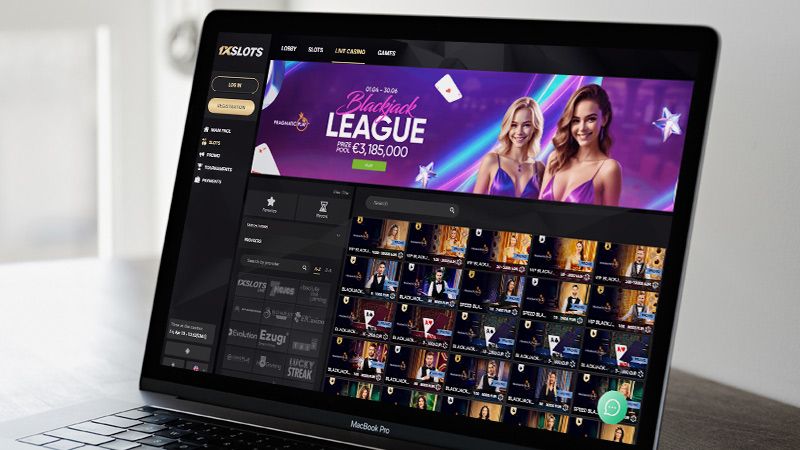 1xSlots Casino live blackjack page on laptop