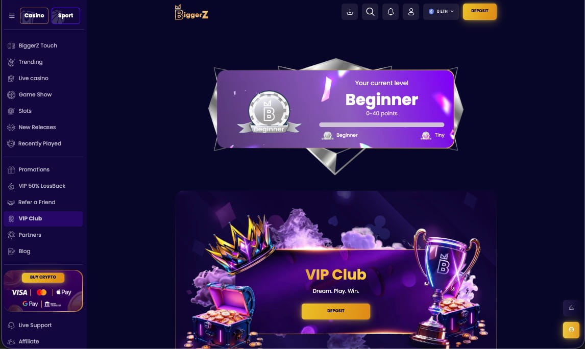 BiggerZ casino games page