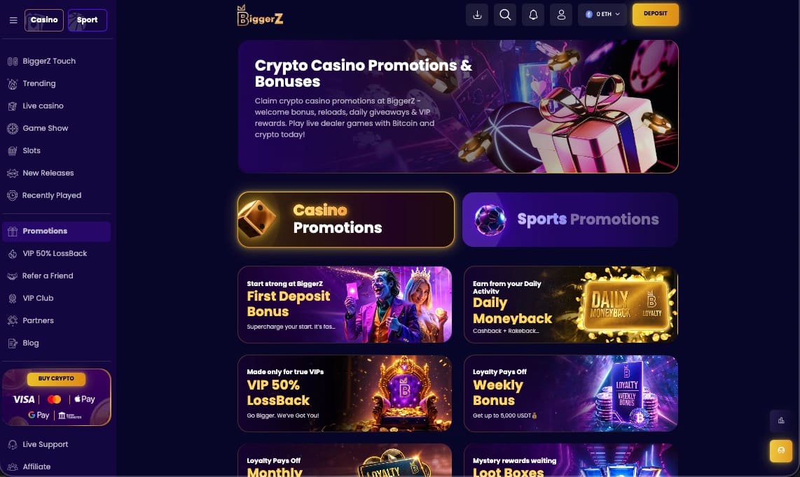 BiggerZ casino promotions page