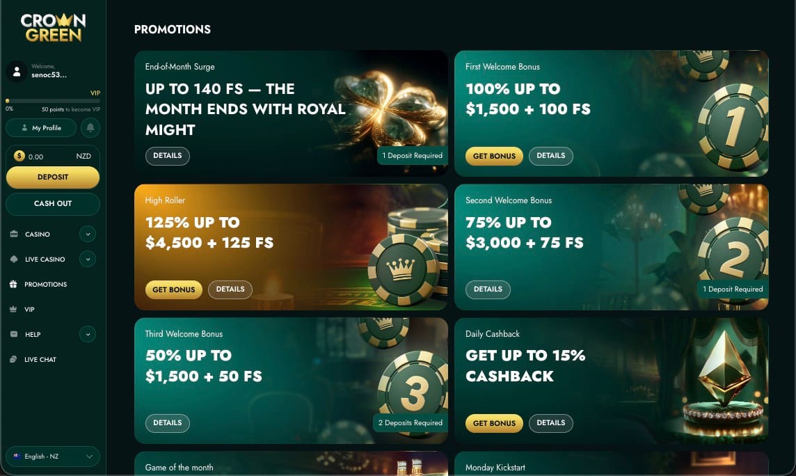 Crowngreen casino promotions page