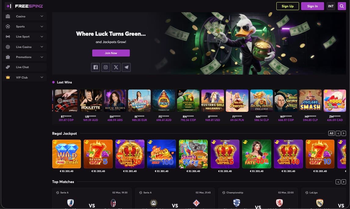 FreeSpinz casino main page