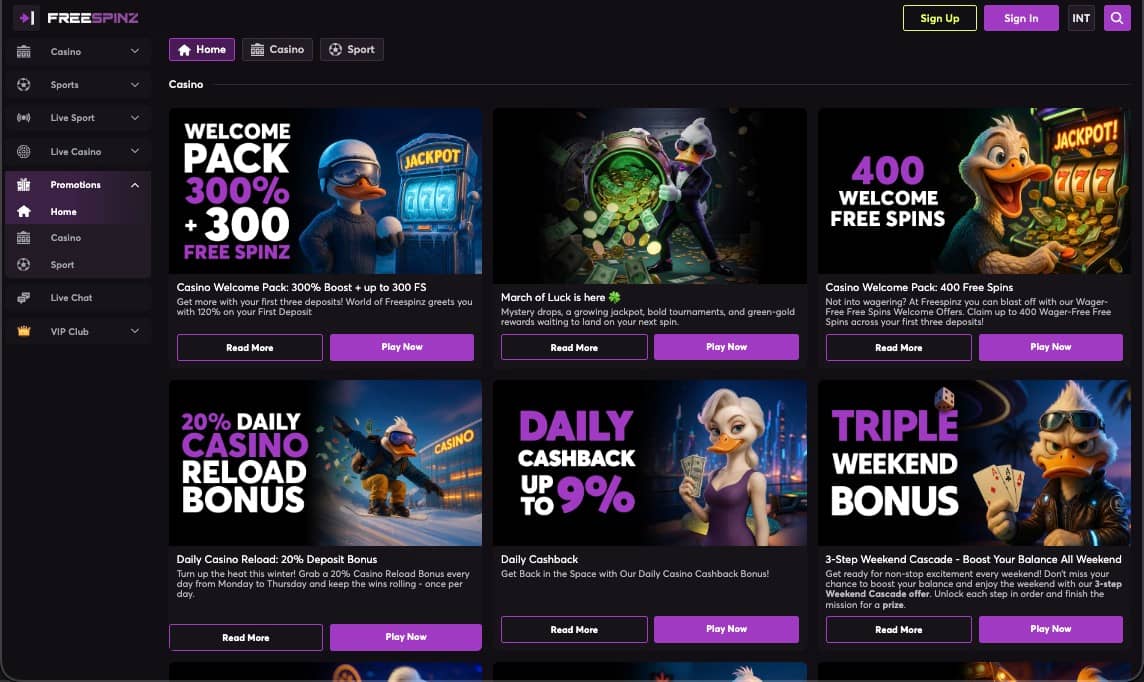 FreeSpinz casino promotions page