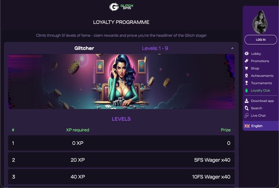 Glitchspin casino vip page