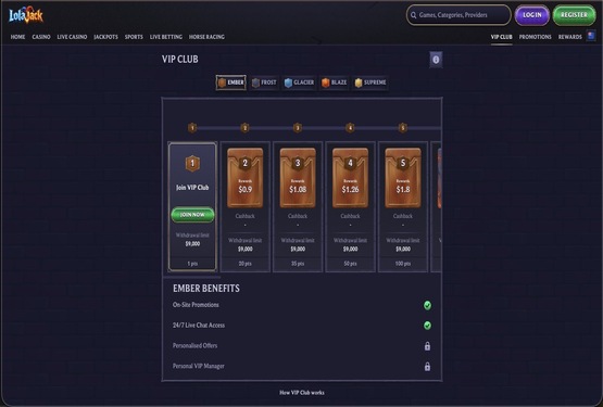 LolaJack casino vip page