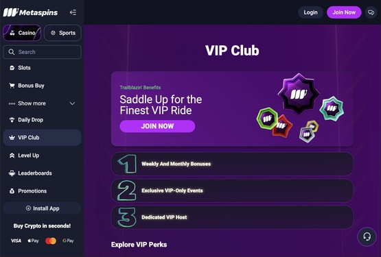 Metaspins casino vip page