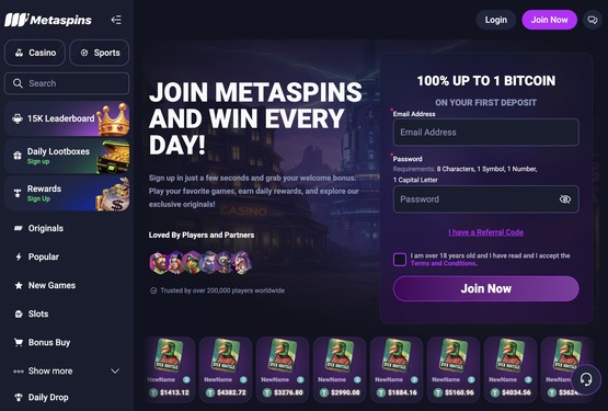 Metaspins casino main page
