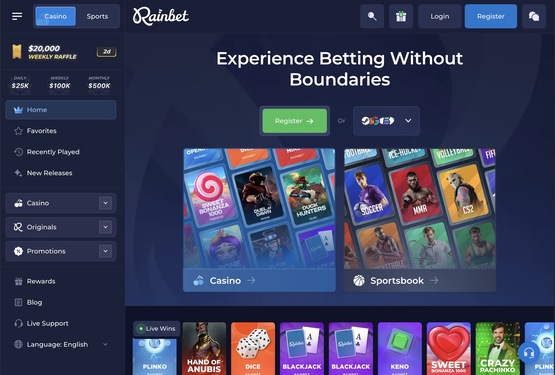 Rainbet casino main page