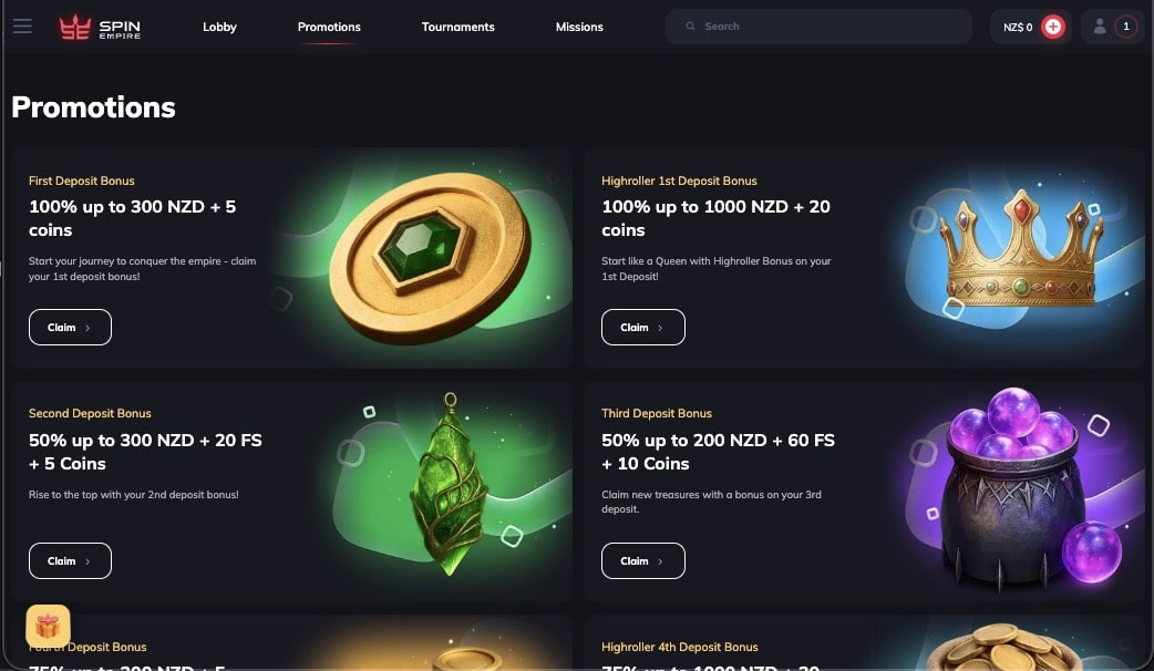 SpinEmpire casino promotions page