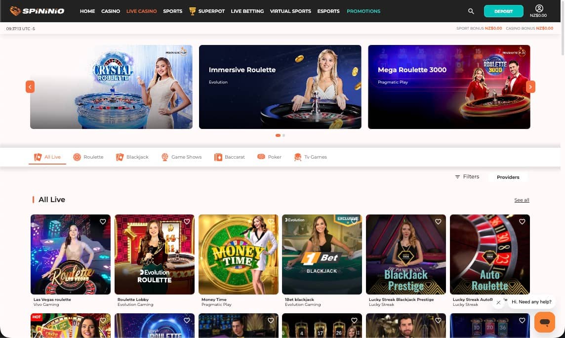 Spininio casino live games page