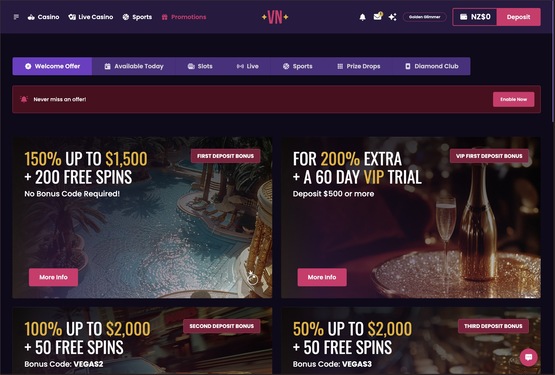 VegasNow casino promotions page
