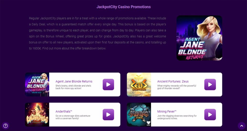 Bonuses page of Jackpot City Casino website