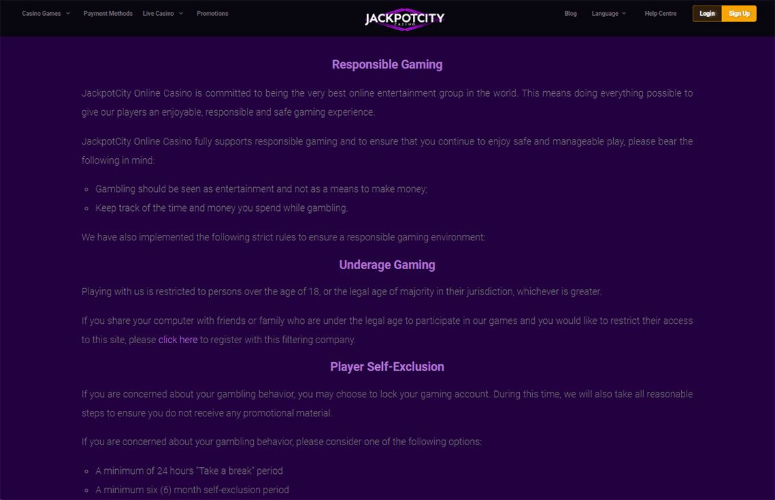 JackpotCity Casino - responsible gambling page