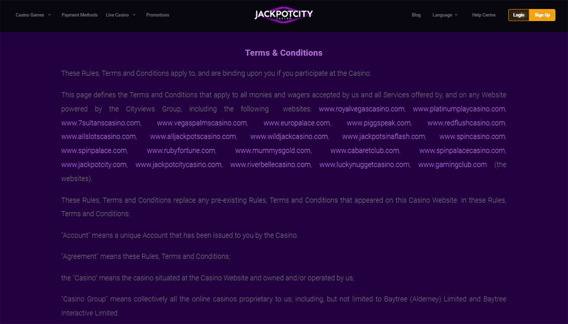 Jackpot City casino - terms and conditions page