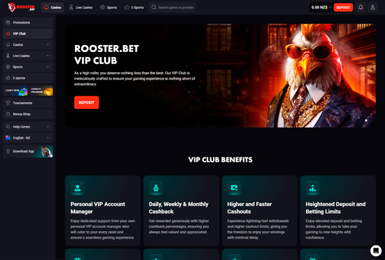 Rooster.bet casino vip page