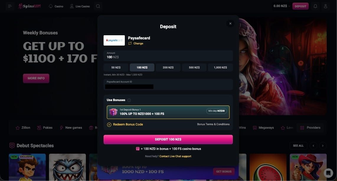 Paysafecard deposit form in a casino cashier